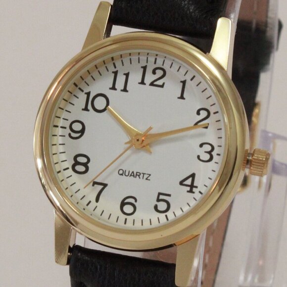 Ladies Easy Reader Dress Quartz Watch Gold-toned Black Strap White Dial 28mm - Picture 10 of 12